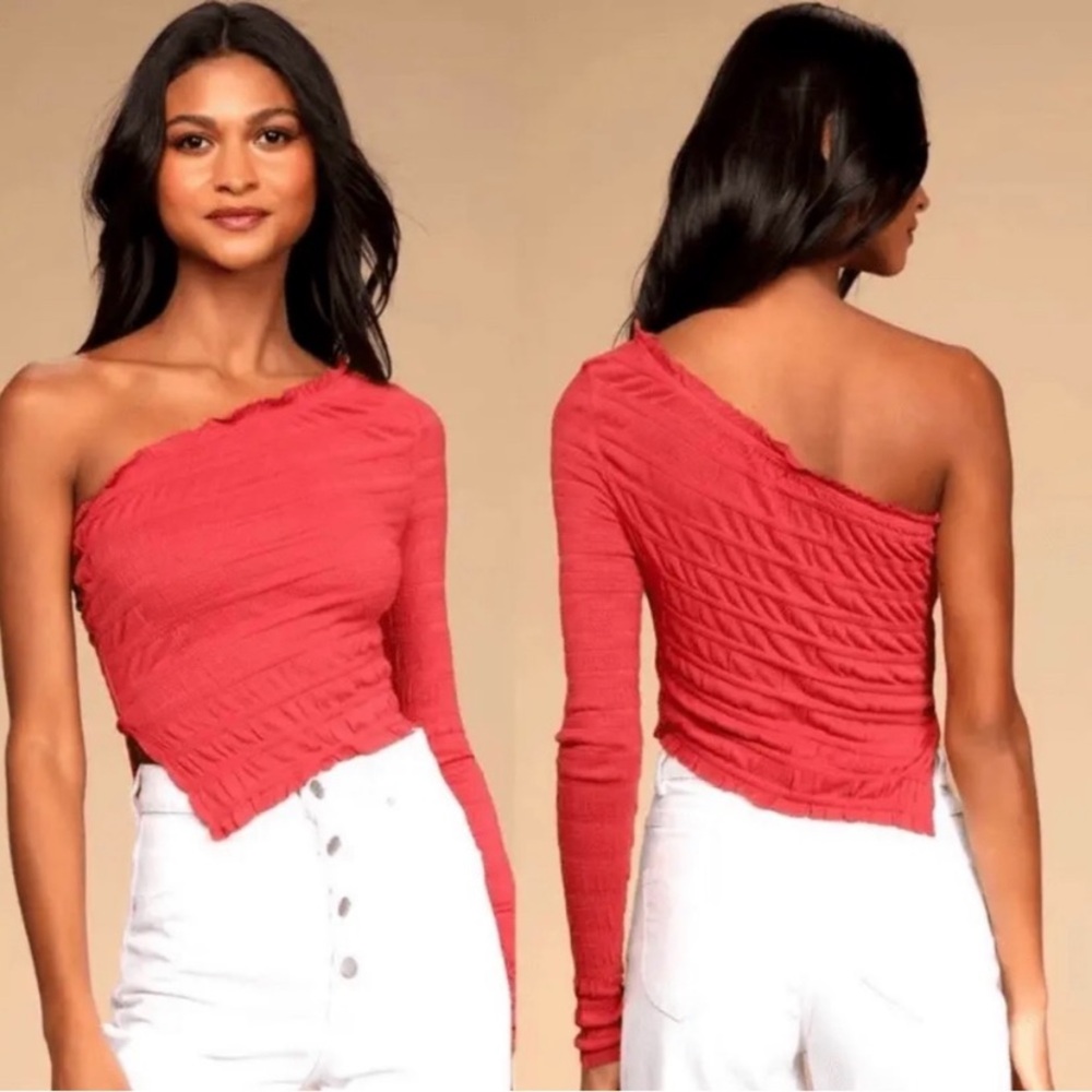 Free People Jasmine Washed Red One-Shoulder Long Sleeve Crop Top